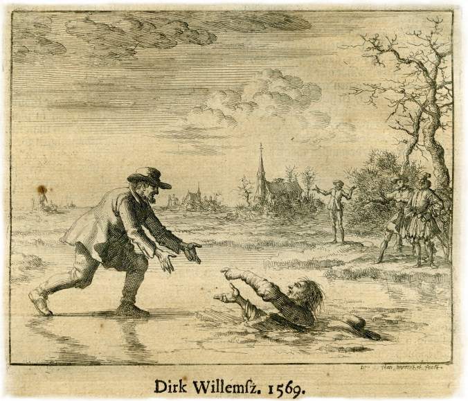 A page from the Martyrs' Mirror.  Dirk Willems is one of the most famous of the martyrs.  He is here rescuing his pursuer, who returned Dirk to prison where he was later burned to death.